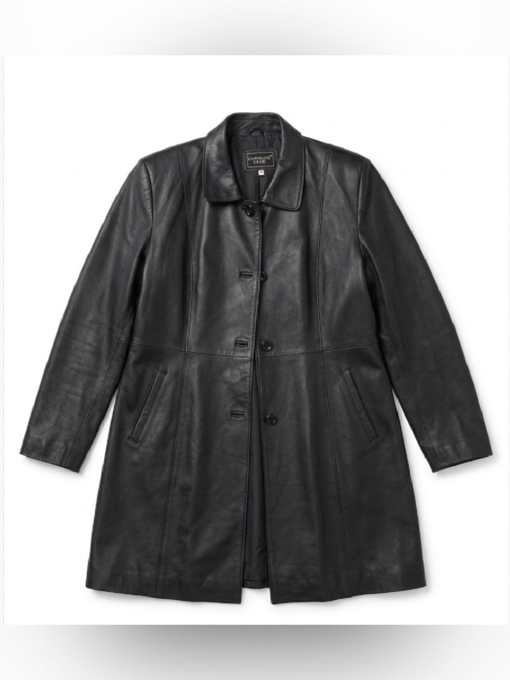 Classic Long Black Leather Women's Coat - Size Large